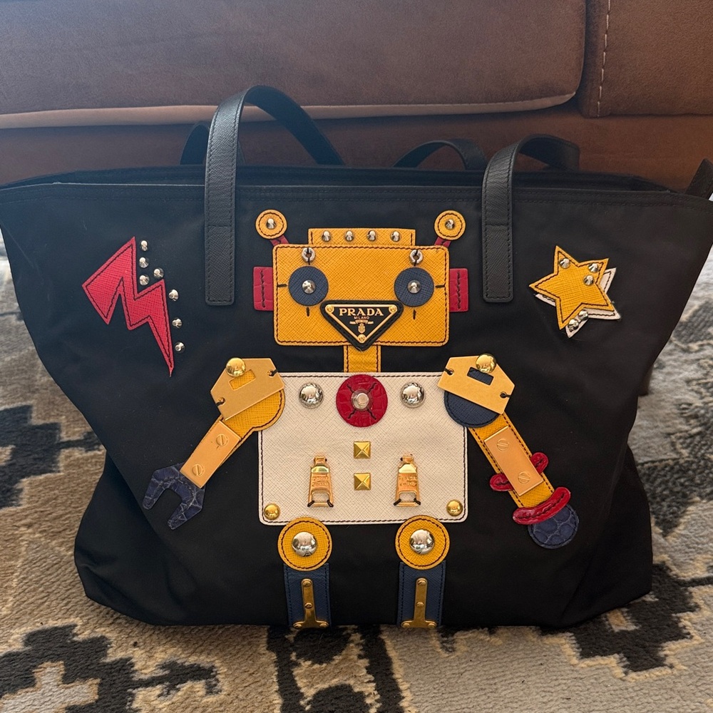 Authentic Prada Black Tote with Colorful Robot Accents **limited edition